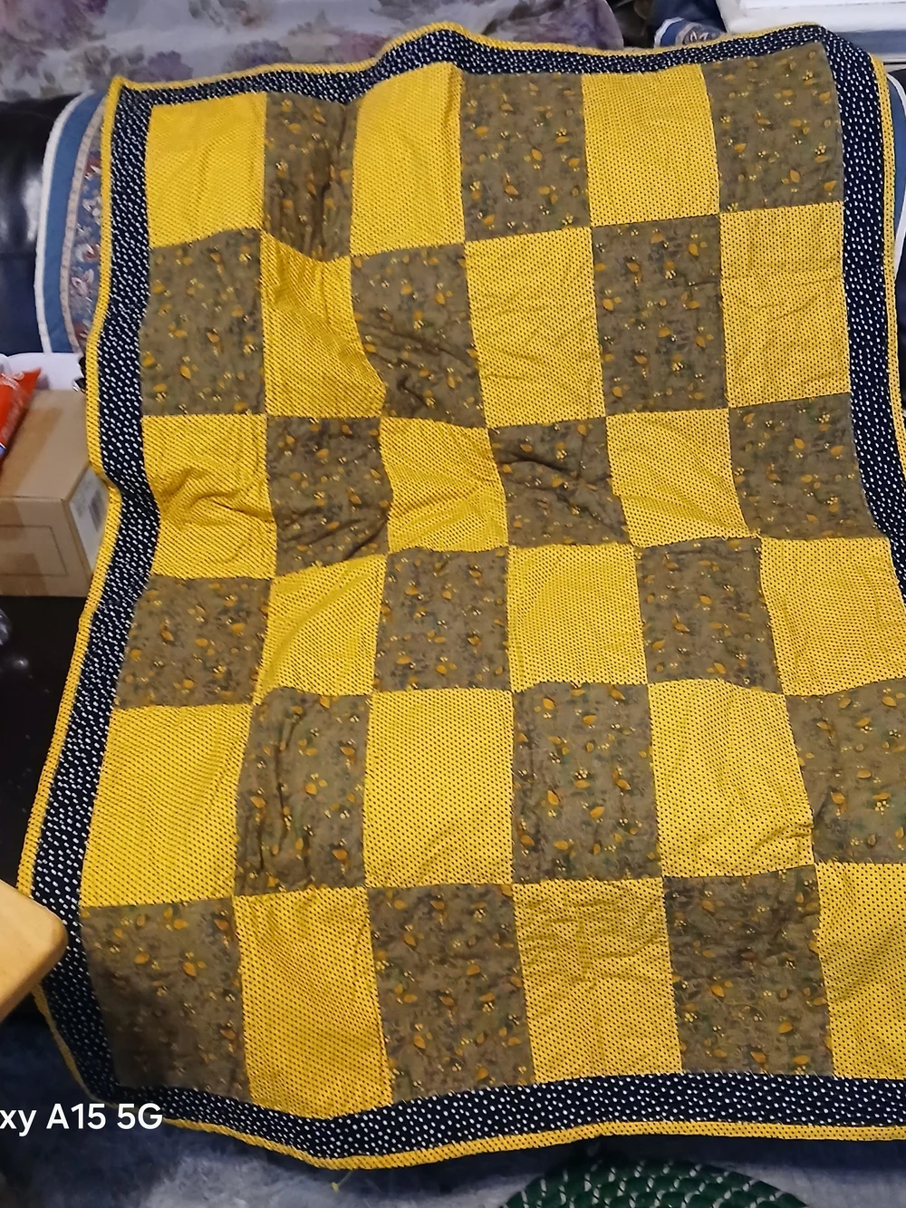 Hand Crafted Yellow and Olive Patchwork Quilt with Navy Polka Dot Border